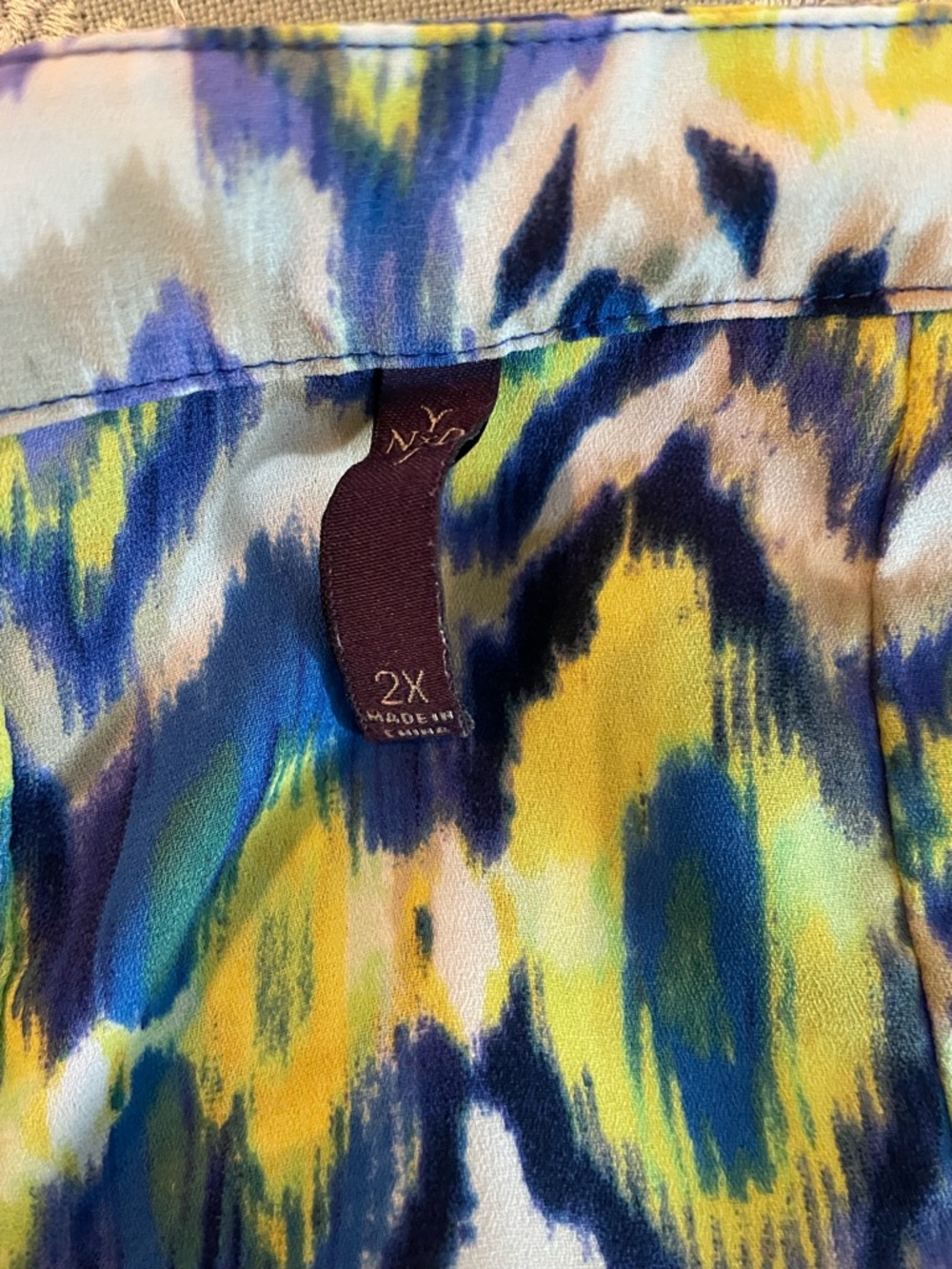NYDJ Vibrant Ikat-Print Blouse in Blue, Yellow & Green - Picture 13 of 15